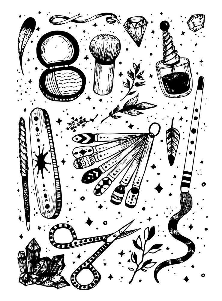 Vector dibujar a mano boceto productos de maquillaje y manicura set cosméticos con cristales mágicos doodle de línea vectorial