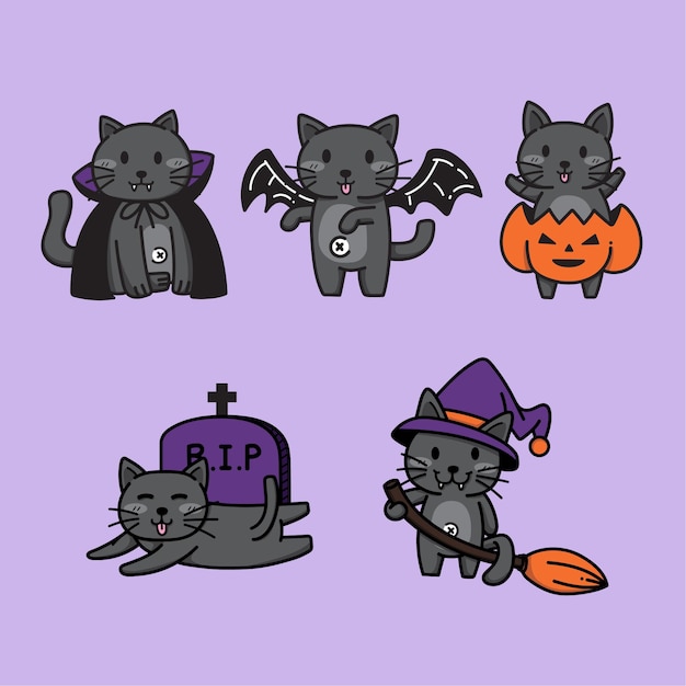 Dibujar a mano colección de gatos negros de halloween