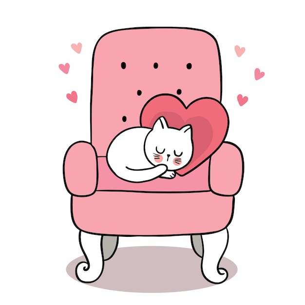 Dibujar a mano dibujos animados lindo día de san valentín, gato durmiendo y corazón en silla