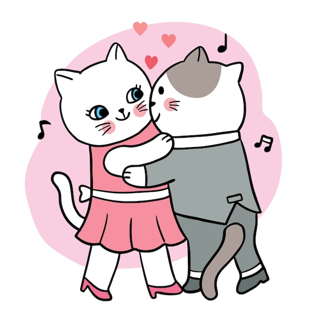 Vector dibujar a mano dibujos animados lindo día de san valentín, pareja de gatos bailando