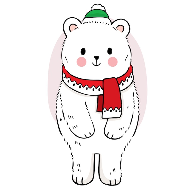 Dibujar a mano dibujos animados lindo oso polar en el vector de invierno