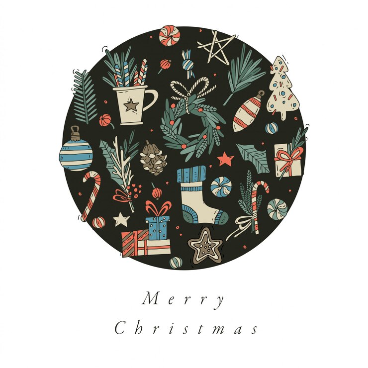 Dibujar a mano el diseño de color colorido de la tarjeta de saludos de Navidad. Tipografía e icono para fondo de Navidad, pancartas o carteles y otros imprimibles. Elementos de diseño de vacaciones de invierno.