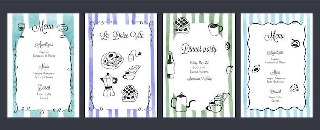 Dibujar a mano la dolce vita bocetos de desayuno carteles con estilo de dibujo de crayón de comida arte de línea minimalista volante para invitaciones diseño de menús