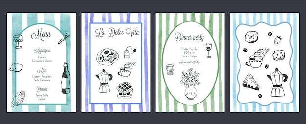 Dibujar a mano la dolce vita bocetos de desayuno carteles con estilo de dibujo de crayón de comida arte de línea minimalista volante para invitaciones diseño de menús