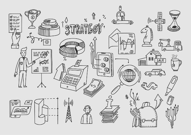 Dibujar a mano elementos de doodle. Ganancias de análisis de finanzas comerciales