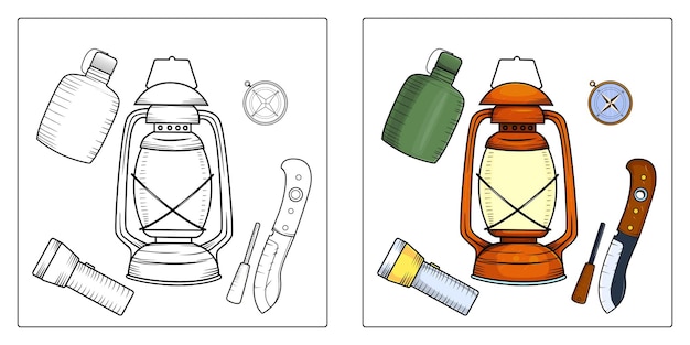 Dibujar a mano equipo de camping herramienta para colorear páginas vector premium