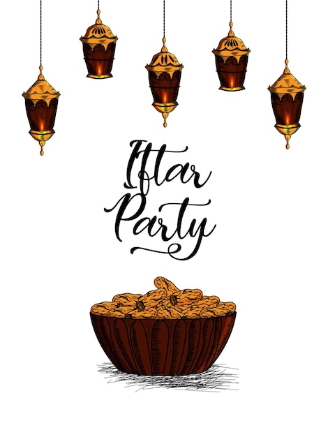 Dibujar a mano la fiesta de Iftar o el fondo de Ramadán Mubarak con linterna árabe