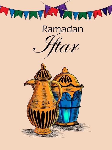 Vector dibujar a mano la fiesta de iftar o el fondo de ramadán mubarak con linterna árabe