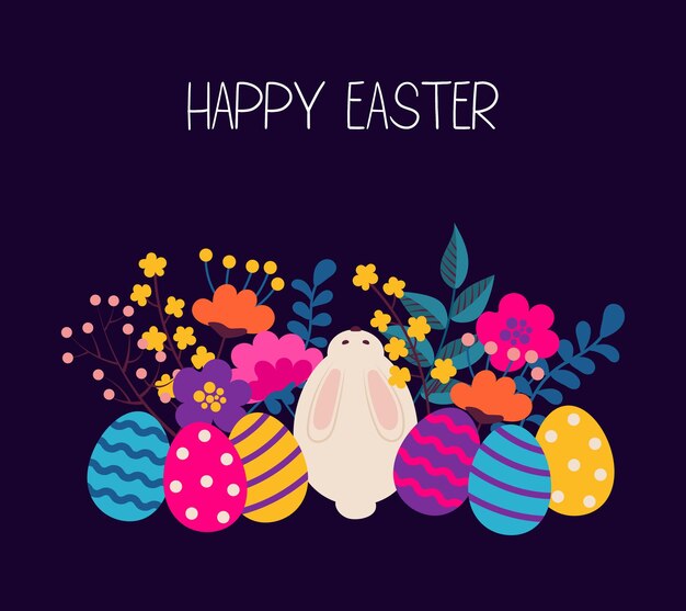 Dibujar a mano el fondo de pascua, postal con conejito, flores, huevos de pascua.