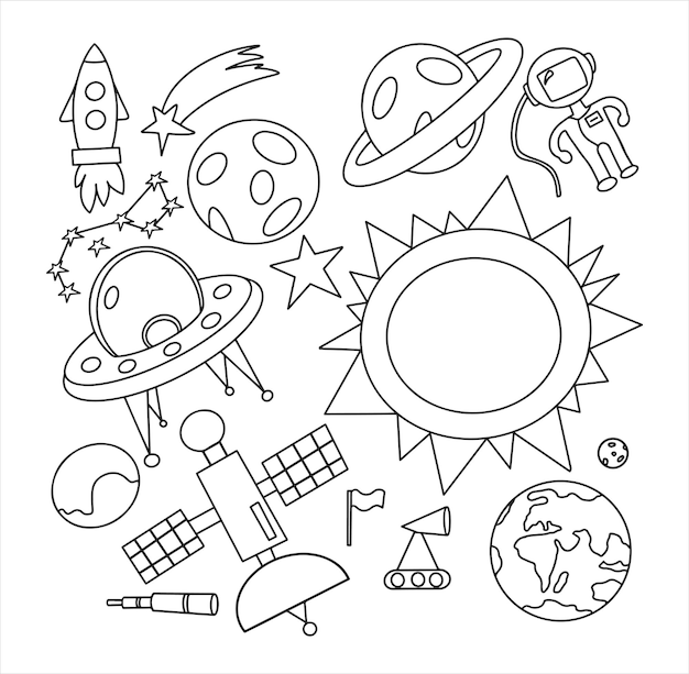 Vector dibujar a mano ilustración espacial con un cohete astronauta planetas y extraterrestres niños lindos dibujo vectorial