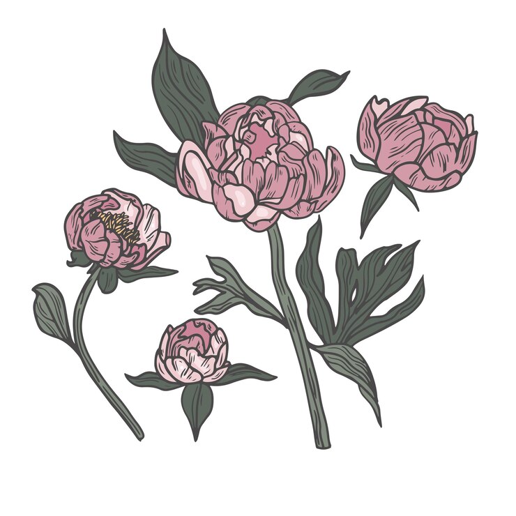 Dibujar a mano ilustración de flores de peonía vectorial Guirnalda floral Tarjeta floral botánica sobre fondo blanco