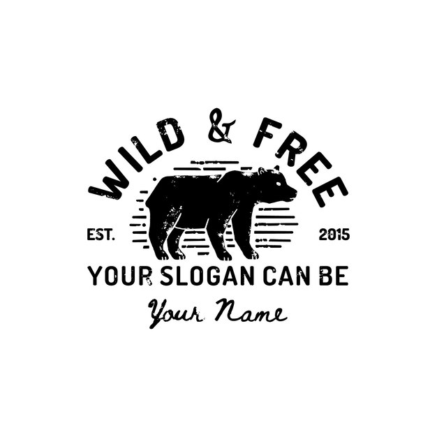 Dibujar a mano el logotipo del oso grizzly vintage. Vector símbolo de la América salvaje, la silueta de un oso. La tipografía vintage es salvaje y gratuita. Plantilla para impresión, póster, camiseta, portada, pancarta u otro negocio