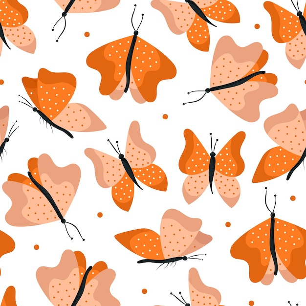 Dibujar a mano un patrón sin costuras de mariposas naranjas con puntos en fondos blancos