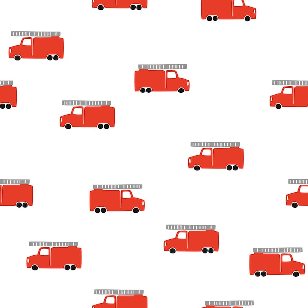 Dibujar a mano un patrón sin fisuras de camión de bomberos. Vector de fondo juvenil en estilo escandinavo. Coches lindos de fuego rojo aislado sobre fondo blanco. Impresión para camiseta infantil, textil, embalaje, funda