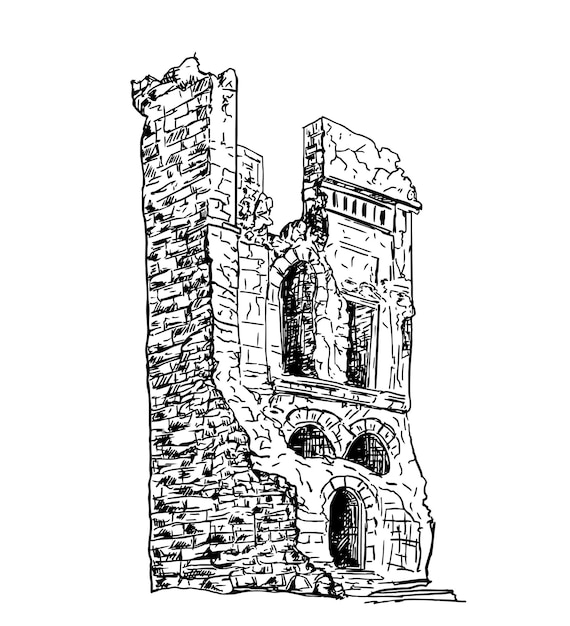 Dibujar a mano ruinas edificio antiguo o castillo antiguo boceto de arquitectura fortaleza antigua torre en ruinas