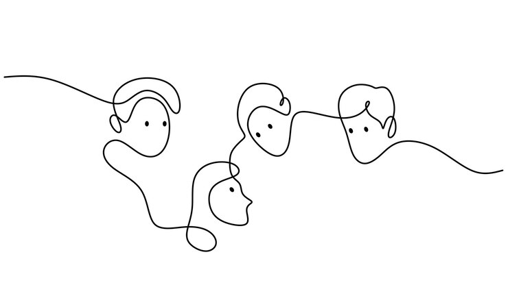 Dibujar a mano una sola línea continua de cuatro personas de grupo de cara abstracta aisladas sobre fondo blanco