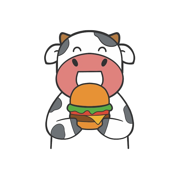 Dibujar a mano vaca linda comer hamburguesa