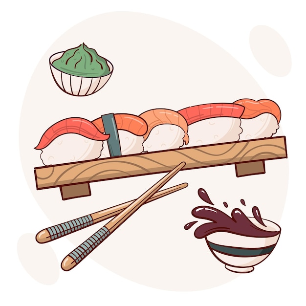 Dibujar nigiri sushi roll ilustración vectorial Comida tradicional asiática japonesa concepto de menú de cocina Doodle estilo de dibujos animados