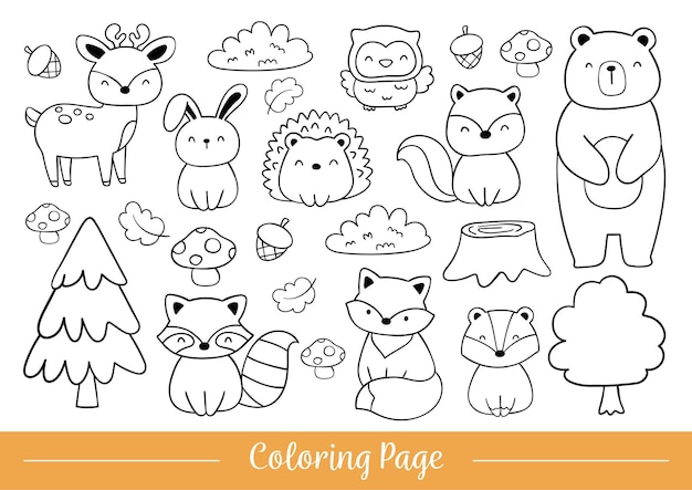 Dibujar la página para colorear animales del bosque doodle estilo de dibujos animados