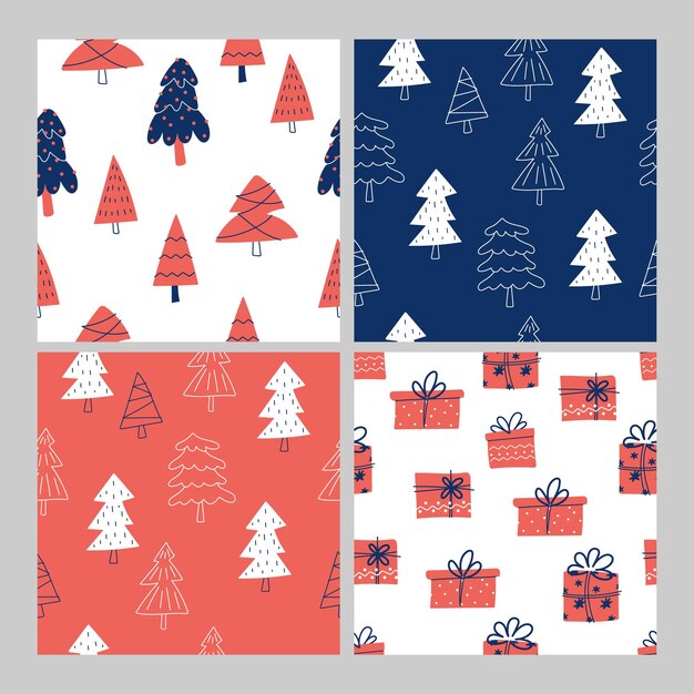 Dibujar patrones sin fisuras con árboles de Navidad y caja de regalo sobre fondo blanco para Navidad e invierno y estilo de dibujos animados Doodle de Año Nuevo