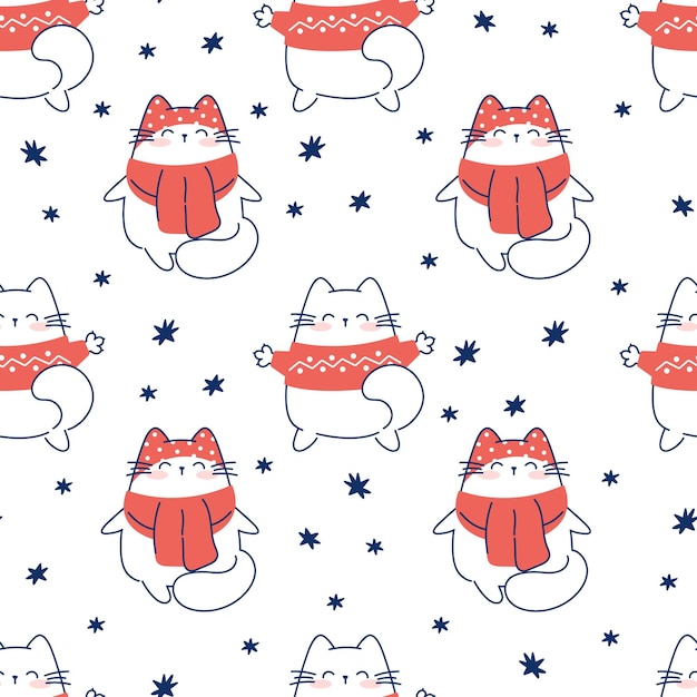 Dibujar patrones sin fisuras con gatos lindos sobre fondo blanco para Navidad e invierno y estilo de dibujos animados Doodle de año nuevo