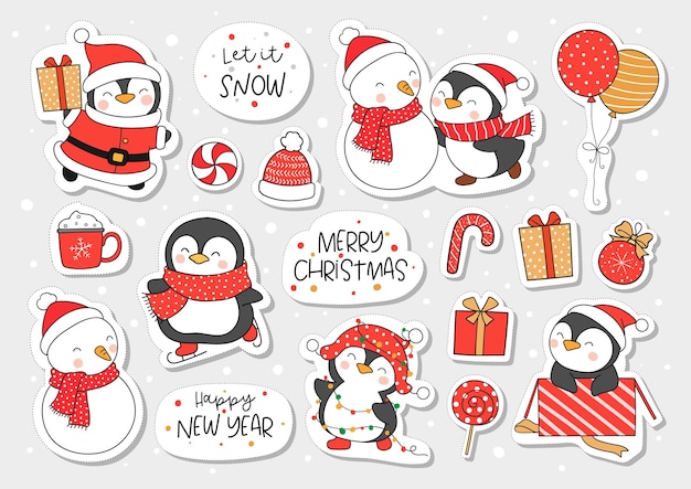 Vector dibujar pegatina de diseño imprimible pingüino para navidad e invierno