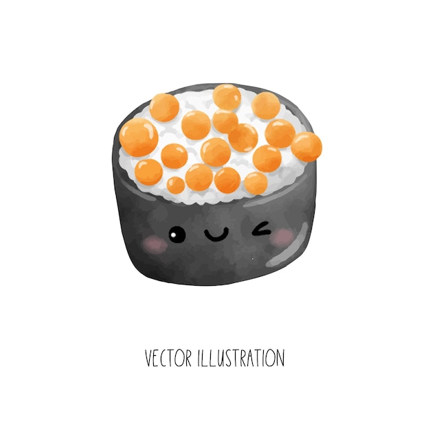 Vector dibujar personaje feliz sushi roll dibujos animados estilo acuarela