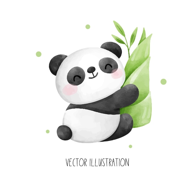 Dibujar personaje lindo bebé panda con bambú Cumpleaños de niños Estilo acuarela