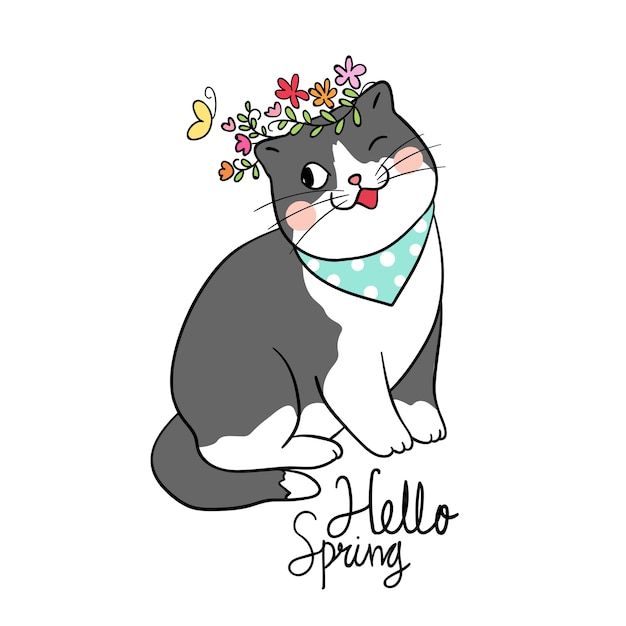 Dibujar personaje lindo gato con flor de belleza para la temporada de primavera