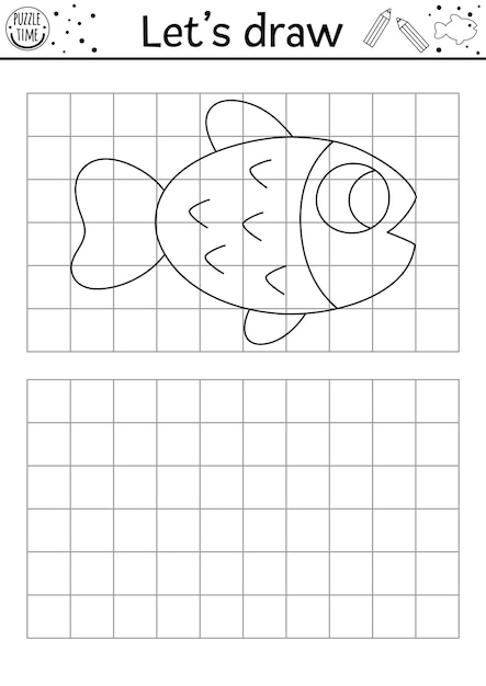 Dibujar el pez Vector bajo el mar hoja de trabajo de práctica de dibujo Actividad impresible en blanco y negro para niños con animales acuáticos Vida del océano copiar o completar la página de colorear imágenes