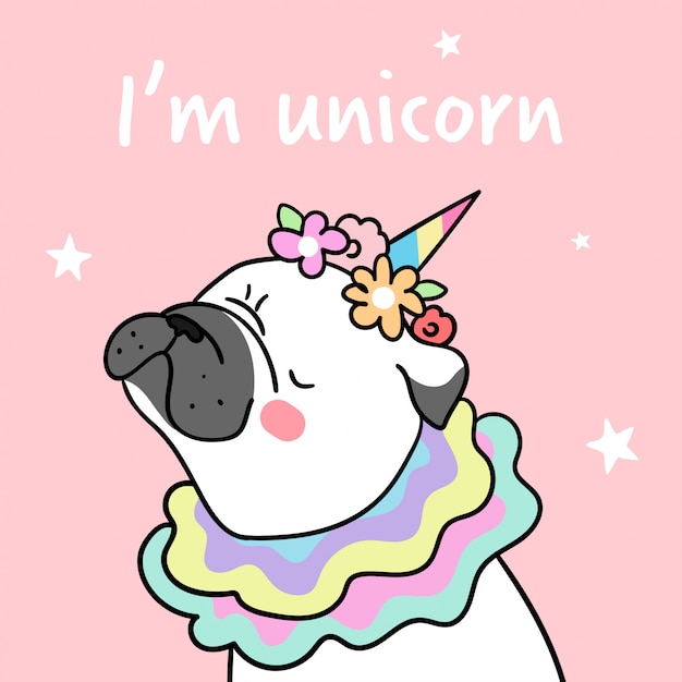 Vector dibujar pug y flor en la cabeza con la palabra soy unicornio.