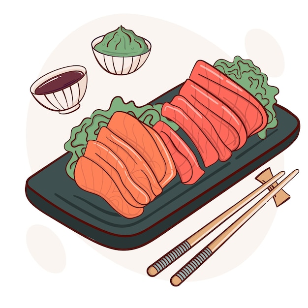 Vector dibujar sashimi pescado crudo ilustración vectorial comida tradicional asiática japonesa concepto de menú de cocina doodle estilo de dibujos animados