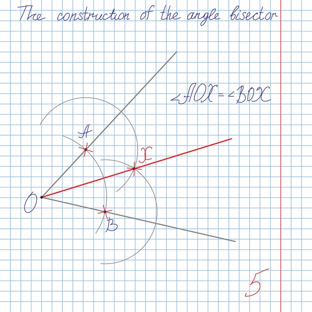 Dibujar la solución de las bisectrices de los ángulos en la construcción, la división del ángulo por la mitad, en un trozo de cuaderno escolar de tétrada en una jaula con una estimación de cinco