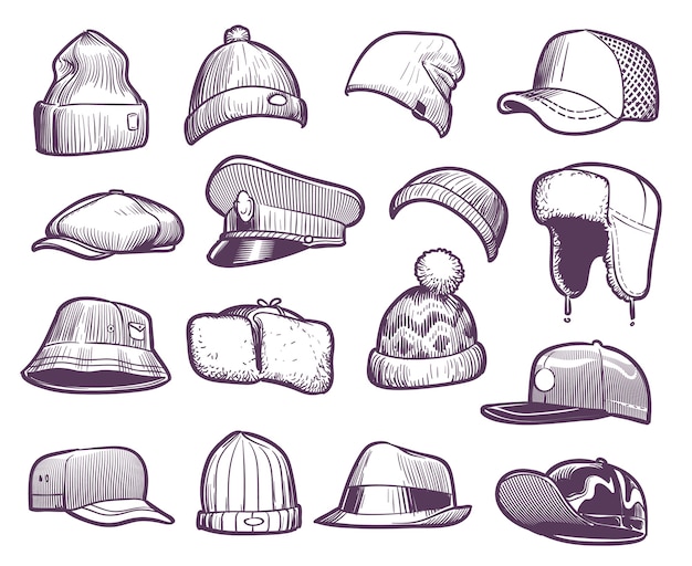 Vector dibujar sombreros. gorras de moda para hombre. gorra deportiva y de punto, de béisbol y de camionero, gorra de temporada con dibujo de piel cálida colección de orejeras