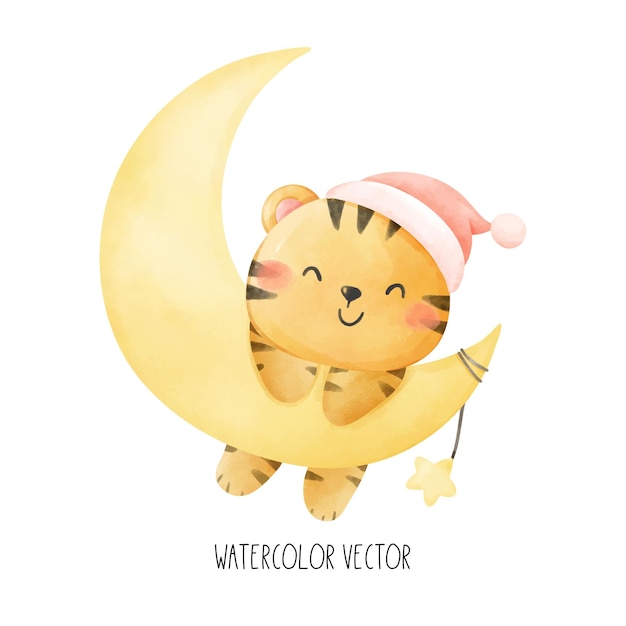 Vector dibujar tigre con luna para plantilla de cartel de póster baño de bebé nursery hijos de cumpleaños