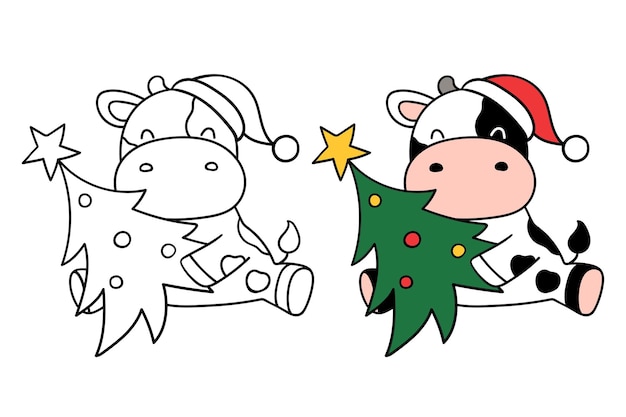 Vector dibujar vaca bebé con árbol de navidad archivo de corte imprimible para niños