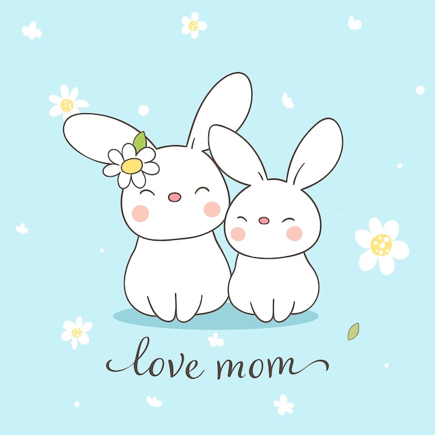 Dibujar vector bebé conejito mamá con flor para el día de la madre