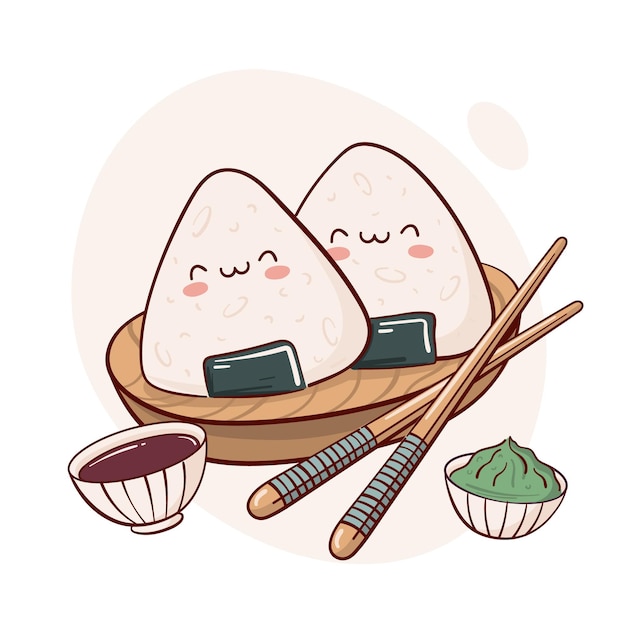 Vector dibuje bolas de arroz onigiri japonesas kawaii divertidas con ilustración de vector de nori concepto de menú de cocina de comida asiática japonesa estilo de dibujos animados doodle