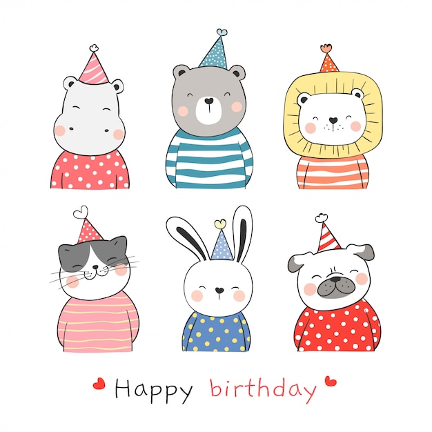Dibuje la colección animal lindo con sombrero de fiesta para cumpleaños.