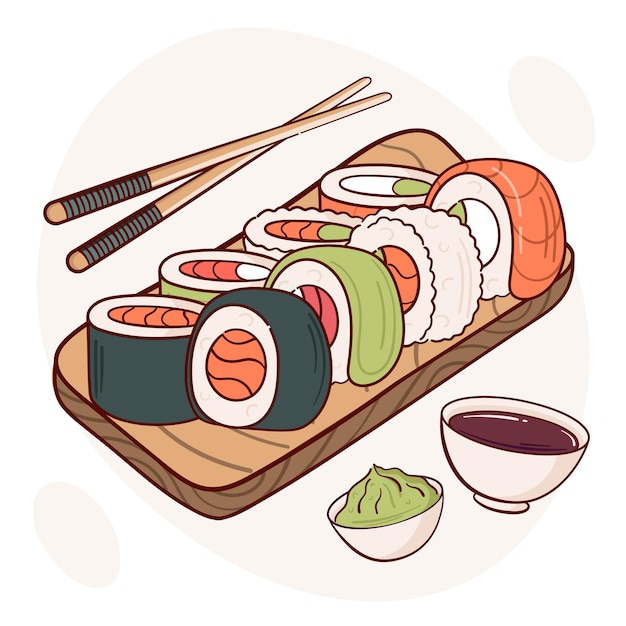 Dibuje la ilustración del vector del rollo de sushi Concepto de menú de cocina de comida tradicional asiática japonesa Estilo de dibujos animados de Doodle