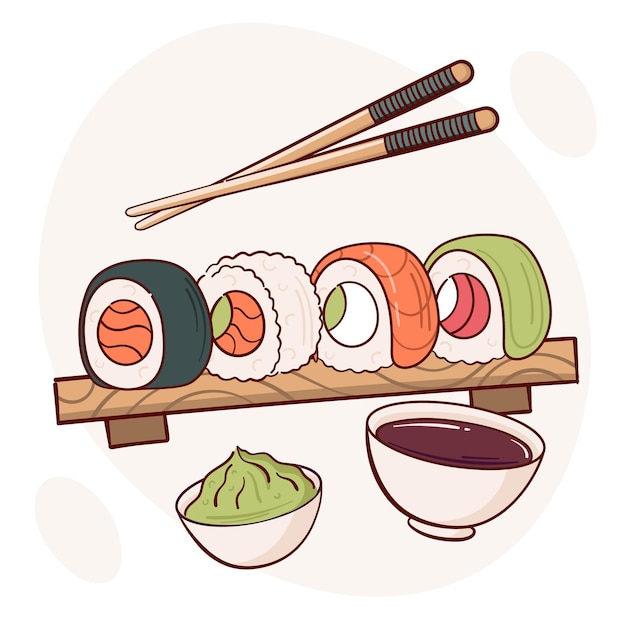 Dibuje la ilustración del vector del rollo de sushi concepto de menú de cocina de comida tradicional asiática japonesa estilo de dibujos animados de doodle