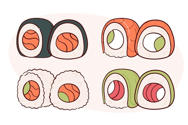 Dibuje la ilustración del vector del rollo de sushi Concepto de menú de cocina de comida tradicional asiática japonesa Estilo de dibujos animados de Doodle