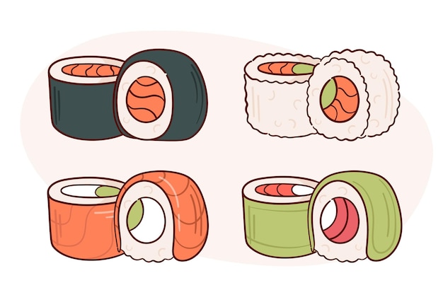 Dibuje la ilustración del vector del rollo de sushi Concepto de menú de cocina de comida tradicional asiática japonesa Estilo de dibujos animados de Doodle