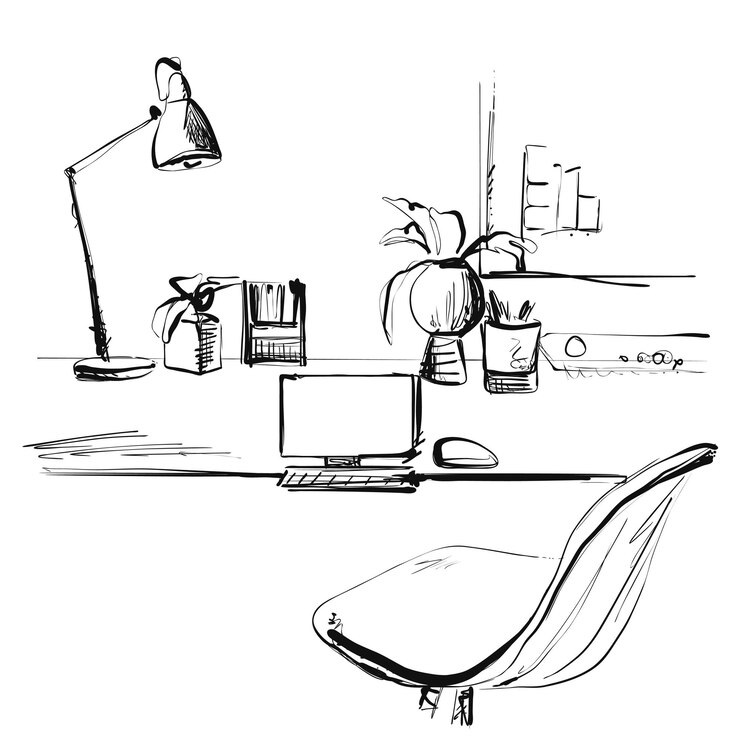 Dibuje el lugar de trabajo frente a la computadora Ilustración vectorial Oficina o independiente