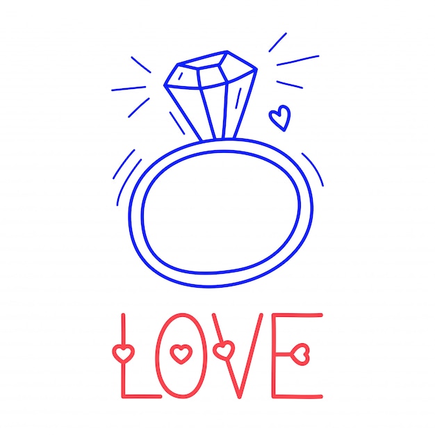 Dibuje a mano el icono del anillo de diamantes de amor en el estilo de dibujo para su diseño con letras.