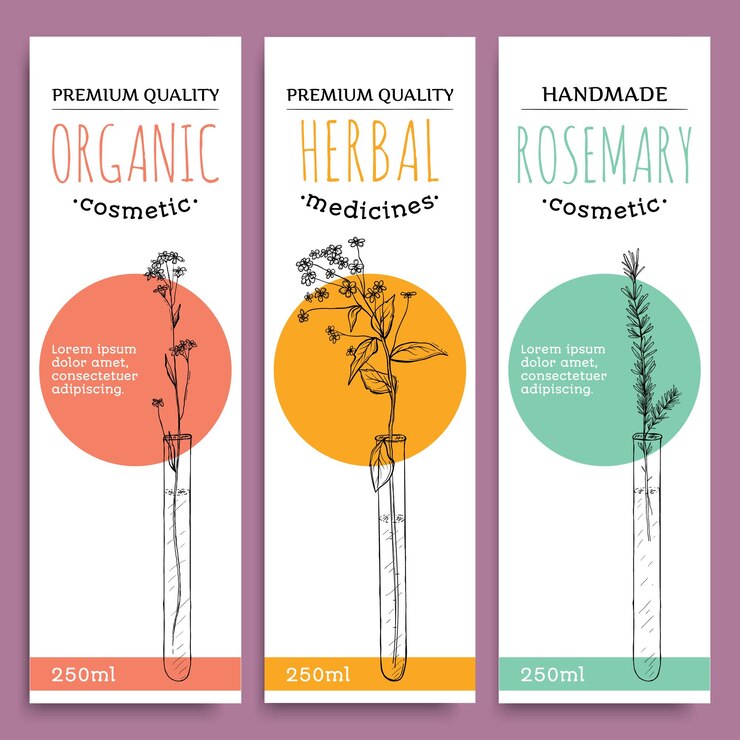 Vector dibuje pancartas verticales a base de hierbas con romero de hierbas orgánicas valiosas para la salud humana y la ilustración de vectores de cuidado corporal