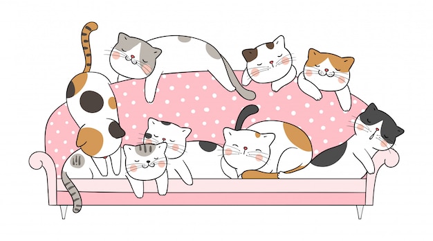 Dibuje el sueño del gato del vector en el sofá rosado.