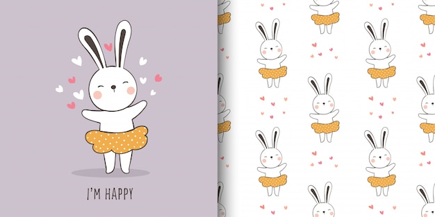 Dibuje la tarjeta de felicitación y imprima el patrón de lindo conejo.