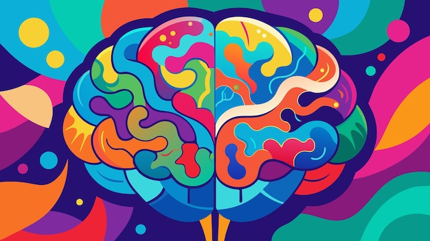 Un dibujo abstracto de un cerebro lleno de colores vibrantes y patrones intrincados que representan el poder del arte neurográfico para reconectar y reparar la ilustración vectorial