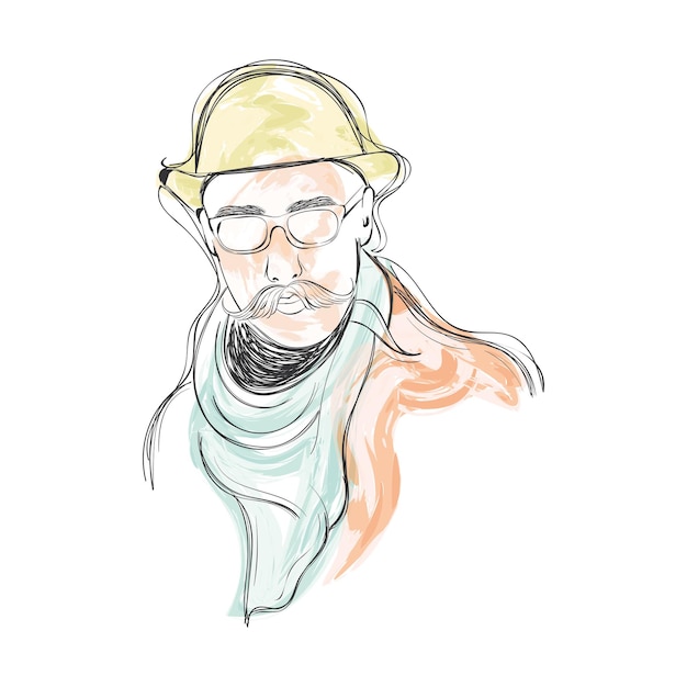 Dibujo acuarela aislado de hipster con sombrero de moda ilustración vectorial